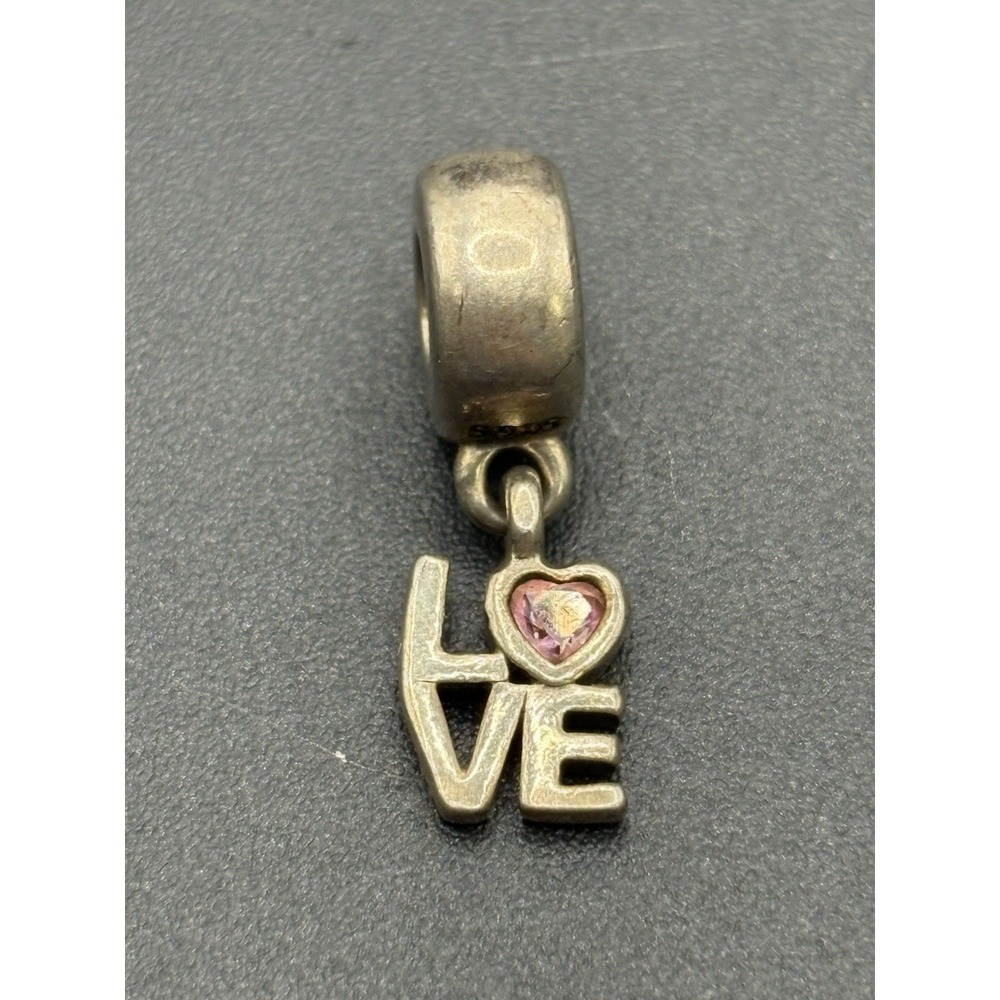 Vintage Sterling Silver Pandora Pink Cubic Zirconia "Love" Charm 925 Patina E5